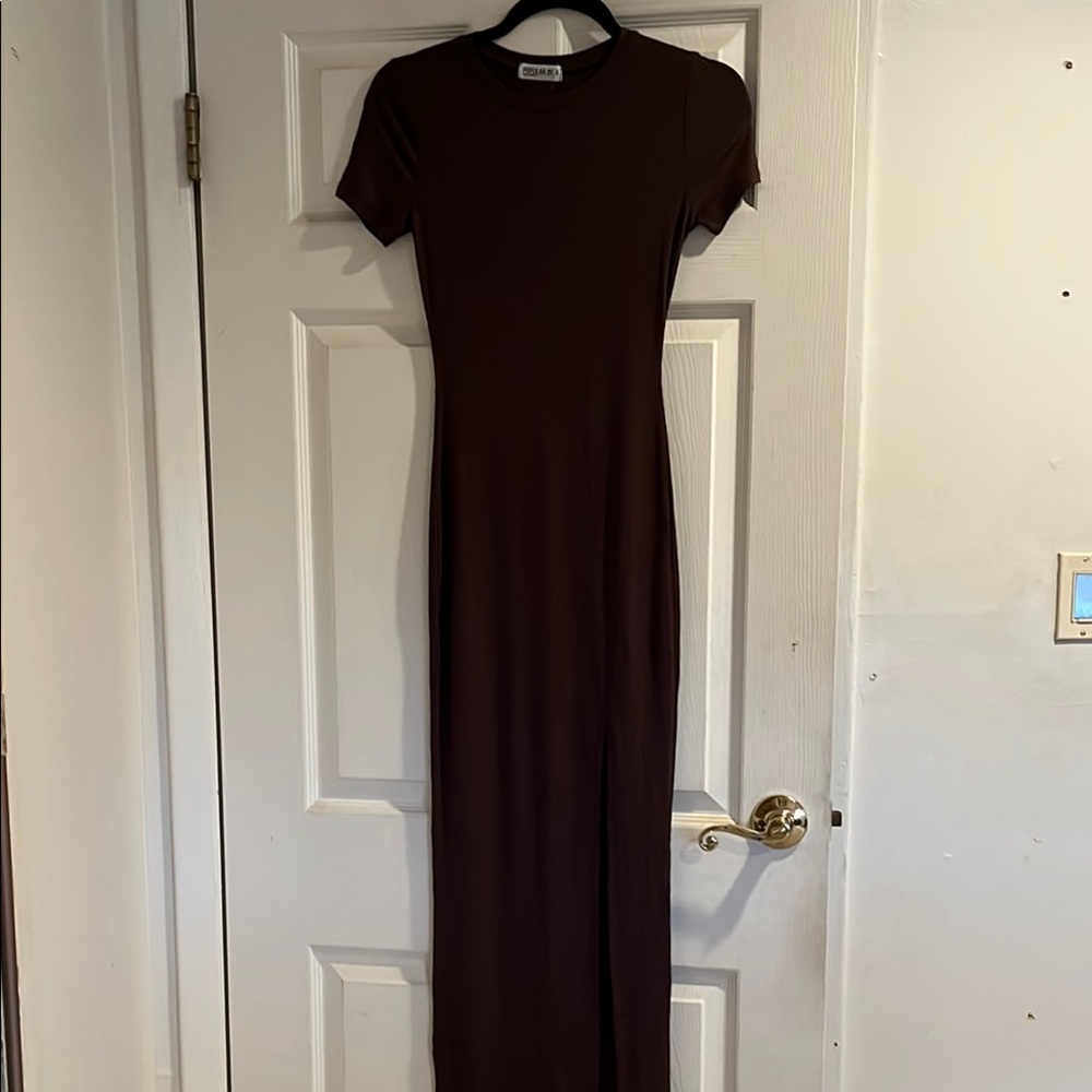 Maxi dress  Brown Sheath Maxi Dress Crew Neck Short Sleeve